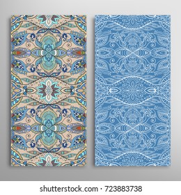 Vertical seamless patterns set, floral geometric lace texture for Wedding, Valentine's day, greeting cards or Birthday Invitations. Decorative seamless backgrounds. Ethnic ornament, border pattern