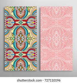 Vertical seamless patterns set, floral geometric lace texture for Wedding, Valentine's day, greeting cards or Birthday Invitations. Decorative seamless backgrounds. Ethnic ornament, border pattern