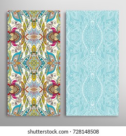 Vertical seamless patterns set, floral geometric lace texture for Wedding, Valentine's day, greeting cards or Birthday Invitations. Decorative seamless backgrounds. Ethnic ornament, border pattern