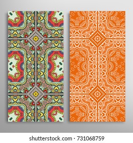 Vertical seamless patterns set, floral geometric lace texture for Wedding, Valentine's day, greeting cards or Birthday Invitations. Decorative seamless backgrounds. Ethnic ornament, border pattern