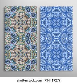 Vertical seamless patterns set, floral geometric lace texture for Wedding, Valentine's day, greeting cards or Birthday Invitations. Decorative seamless backgrounds. Ethnic ornament, border pattern