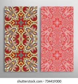 Vertical seamless patterns set, floral geometric lace texture for Wedding, Valentine's day, greeting cards or Birthday Invitations. Decorative seamless backgrounds. Ethnic ornament, border pattern