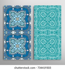 Vertical seamless patterns set, floral geometric lace texture for Wedding, Valentine's day, greeting cards or Birthday Invitations. Decorative seamless backgrounds. Ethnic ornament, border pattern