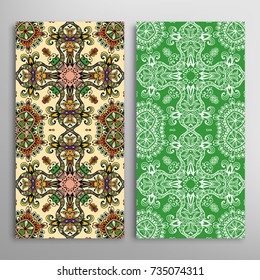 Vertical seamless patterns set, floral geometric lace texture for Wedding, Valentine's day, greeting cards or Birthday Invitations. Decorative seamless backgrounds. Ethnic ornament, border pattern