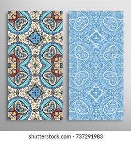 Vertical seamless patterns set, floral geometric lace texture for Wedding, Valentine's day, greeting cards or Birthday Invitations. Decorative seamless backgrounds. Ethnic ornament, border pattern