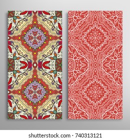 Vertical seamless patterns set, floral geometric lace texture for Wedding, Valentine's day, greeting cards or Birthday Invitations. Decorative seamless backgrounds. Ethnic ornament, border pattern
