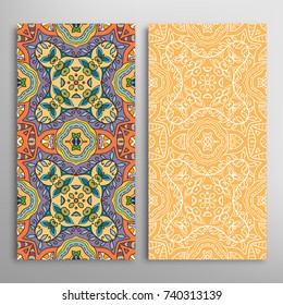 Vertical seamless patterns set, floral geometric lace texture for Wedding, Valentine's day, greeting cards or Birthday Invitations. Decorative seamless backgrounds. Ethnic ornament, border pattern