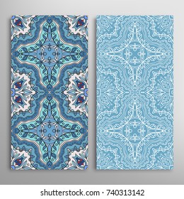 Vertical seamless patterns set, floral geometric lace texture for Wedding, Valentine's day, greeting cards or Birthday Invitations. Decorative seamless backgrounds. Ethnic ornament, border pattern