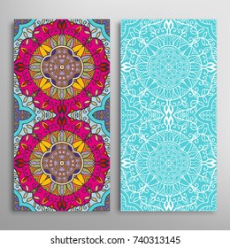 Vertical seamless patterns set, floral geometric lace texture for Wedding, Valentine's day, greeting cards or Birthday Invitations. Decorative seamless backgrounds. Ethnic ornament, border pattern