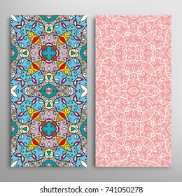 Vertical seamless patterns set, floral geometric lace texture for Wedding, Valentine's day, greeting cards or Birthday Invitations. Decorative seamless backgrounds. Ethnic ornament, border pattern