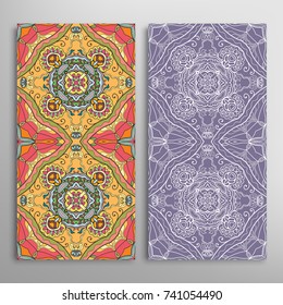 Vertical seamless patterns set, floral geometric lace texture for Wedding, Valentine's day, greeting cards or Birthday Invitations. Decorative seamless backgrounds. Ethnic ornament, border pattern