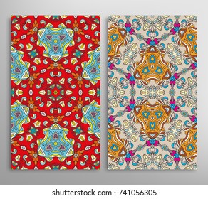 Vertical seamless patterns set, floral geometric lace texture for Wedding, Valentine's day, greeting cards or Birthday Invitations. Decorative seamless backgrounds. Ethnic ornament, border pattern