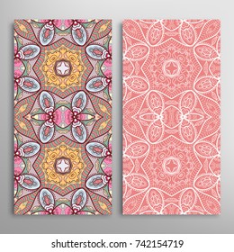 Vertical seamless patterns set, floral geometric lace texture for Wedding, Valentine's day, greeting cards or Birthday Invitations. Decorative seamless backgrounds. Ethnic ornament, border pattern
