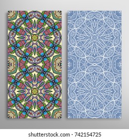 Vertical seamless patterns set, floral geometric lace texture for Wedding, Valentine's day, greeting cards or Birthday Invitations. Decorative seamless backgrounds. Ethnic ornament, border pattern