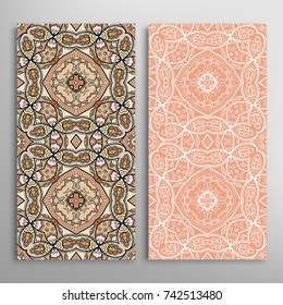 Vertical seamless patterns set, floral geometric lace texture for Wedding, Valentine's day, greeting cards or Birthday Invitations. Decorative seamless backgrounds. Ethnic ornament, border pattern