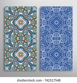 Vertical seamless patterns set, floral geometric lace texture for Wedding, Valentine's day, greeting cards or Birthday Invitations. Decorative seamless backgrounds. Ethnic ornament, border pattern