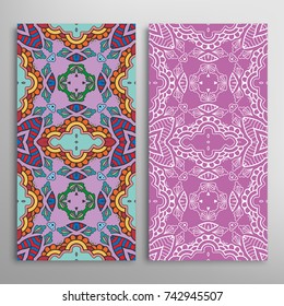 Vertical seamless patterns set, floral geometric lace texture for Wedding, Valentine's day, greeting cards or Birthday Invitations. Decorative seamless backgrounds. Ethnic ornament, border pattern