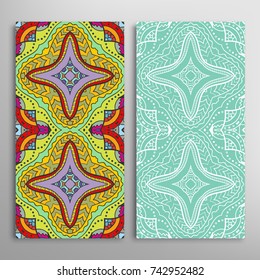 Vertical seamless patterns set, floral geometric lace texture for Wedding, Valentine's day, greeting cards or Birthday Invitations. Decorative seamless backgrounds. Ethnic ornament, border pattern