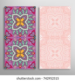 Vertical seamless patterns set, floral geometric lace texture for Wedding, Valentine's day, greeting cards or Birthday Invitations. Decorative seamless backgrounds. Ethnic ornament, border pattern