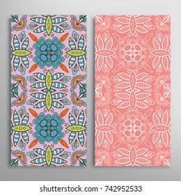 Vertical seamless patterns set, floral geometric lace texture for Wedding, Valentine's day, greeting cards or Birthday Invitations. Decorative seamless backgrounds. Ethnic ornament, border pattern