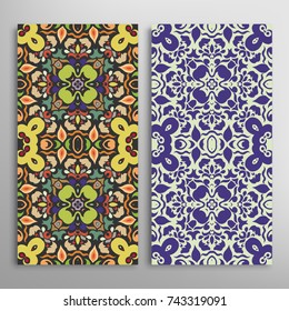 Vertical seamless patterns set, floral geometric lace texture for Wedding, Valentine's day, greeting cards or Birthday Invitations. Decorative seamless backgrounds. Ethnic ornament, border pattern