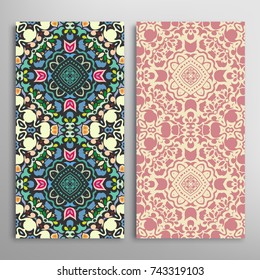 Vertical seamless patterns set, floral geometric lace texture for Wedding, Valentine's day, greeting cards or Birthday Invitations. Decorative seamless backgrounds. Ethnic ornament, border pattern