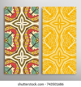Vertical seamless patterns set, floral geometric lace texture for Wedding, Valentine's day, greeting cards or Birthday Invitations. Decorative seamless backgrounds. Ethnic ornament, border pattern