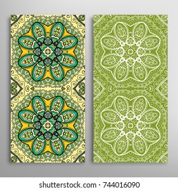 Vertical seamless patterns set, floral geometric lace texture for Wedding, Valentine's day, greeting cards or Birthday Invitations. Decorative seamless backgrounds. Ethnic ornament, border pattern