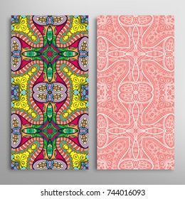 Vertical seamless patterns set, floral geometric lace texture for Wedding, Valentine's day, greeting cards or Birthday Invitations. Decorative seamless backgrounds. Ethnic ornament, border pattern