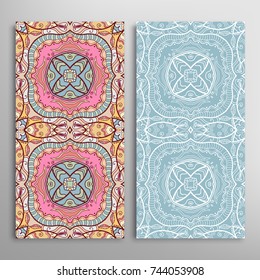 Vertical seamless patterns set, floral geometric lace texture for Wedding, Valentine's day, greeting cards or Birthday Invitations. Decorative seamless backgrounds. Ethnic ornament, border pattern