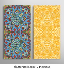 Vertical seamless patterns set, floral geometric lace texture for Wedding, Valentine's day, greeting cards or Birthday Invitations. Decorative seamless backgrounds. Ethnic ornament, border pattern