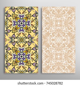 Vertical seamless patterns set, floral geometric lace texture for Wedding, Valentine's day, greeting cards or Birthday Invitations. Decorative seamless backgrounds. Ethnic ornament, border pattern