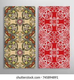 Vertical seamless patterns set, floral geometric lace texture for Wedding, Valentine's day, greeting cards or Birthday Invitations. Decorative seamless backgrounds. Ethnic ornament, border pattern