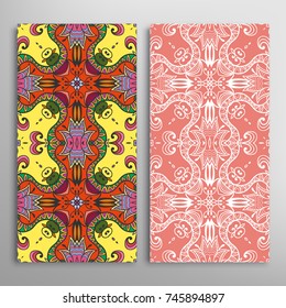 Vertical seamless patterns set, floral geometric lace texture for Wedding, Valentine's day, greeting cards or Birthday Invitations. Decorative seamless backgrounds. Ethnic ornament, border pattern