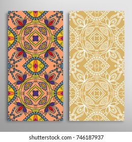 Vertical seamless patterns set, floral geometric lace texture for Wedding, Valentine's day, greeting cards or Birthday Invitations. Decorative seamless backgrounds. Ethnic ornament, border pattern