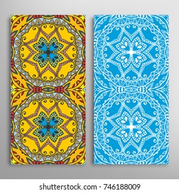 Vertical seamless patterns set, floral geometric lace texture for Wedding, Valentine's day, greeting cards or Birthday Invitations. Decorative seamless backgrounds. Ethnic ornament, border pattern