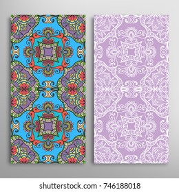 Vertical seamless patterns set, floral geometric lace texture for Wedding, Valentine's day, greeting cards or Birthday Invitations. Decorative seamless backgrounds. Ethnic ornament, border pattern