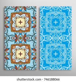 Vertical seamless patterns set, floral geometric lace texture for Wedding, Valentine's day, greeting cards or Birthday Invitations. Decorative seamless backgrounds. Ethnic ornament, border pattern