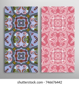 Vertical seamless patterns set, floral geometric lace texture for Wedding, Valentine's day, greeting cards or Birthday Invitations. Decorative seamless backgrounds. Ethnic ornament, border pattern