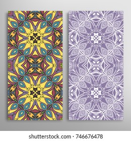 Vertical seamless patterns set, floral geometric lace texture for Wedding, Valentine's day, greeting cards or Birthday Invitations. Decorative seamless backgrounds. Ethnic ornament, border pattern