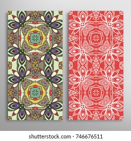 Vertical seamless patterns set, floral geometric lace texture for Wedding, Valentine's day, greeting cards or Birthday Invitations. Decorative seamless backgrounds. Ethnic ornament, border pattern