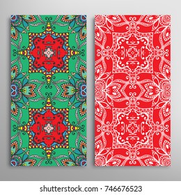 Vertical seamless patterns set, floral geometric lace texture for Wedding, Valentine's day, greeting cards or Birthday Invitations. Decorative seamless backgrounds. Ethnic ornament, border pattern
