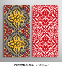 Vertical seamless patterns set, floral geometric lace texture for Wedding, Valentine's day, greeting cards or Birthday Invitations. Decorative seamless backgrounds. Ethnic ornament, border pattern