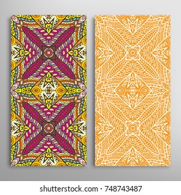 Vertical seamless patterns set, floral geometric lace texture for Wedding, Valentine's day, greeting cards or Birthday Invitations. Decorative seamless backgrounds. Ethnic ornament, border pattern