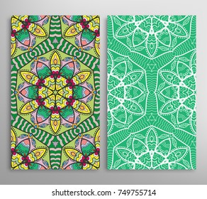 Vertical seamless patterns set, floral geometric lace texture for Wedding, Valentine's day, greeting cards or Birthday Invitations. Decorative seamless backgrounds. Ethnic ornament, border pattern