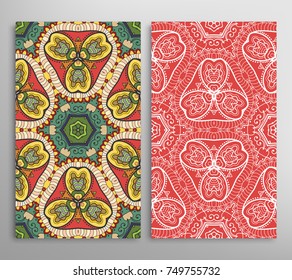 Vertical seamless patterns set, floral geometric lace texture for Wedding, Valentine's day, greeting cards or Birthday Invitations. Decorative seamless backgrounds. Ethnic ornament, border pattern