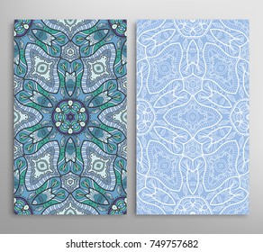 Vertical seamless patterns set, floral geometric lace texture for Wedding, Valentine's day, greeting cards or Birthday Invitations. Decorative seamless backgrounds. Ethnic ornament, border pattern