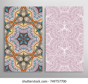 Vertical seamless patterns set, floral geometric lace texture for Wedding, Valentine's day, greeting cards or Birthday Invitations. Decorative seamless backgrounds. Ethnic ornament, border pattern