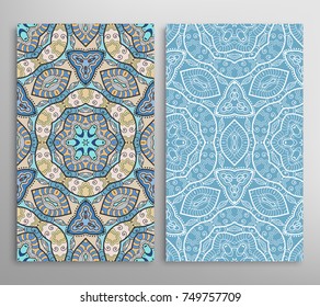 Vertical seamless patterns set, floral geometric lace texture for Wedding, Valentine's day, greeting cards or Birthday Invitations. Decorative seamless backgrounds. Ethnic ornament, border pattern