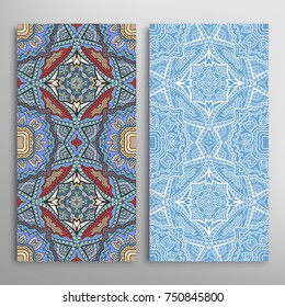Vertical seamless patterns set, floral geometric lace texture for Wedding, Valentine's day, greeting cards or Birthday Invitations. Decorative seamless backgrounds. Ethnic ornament, border pattern